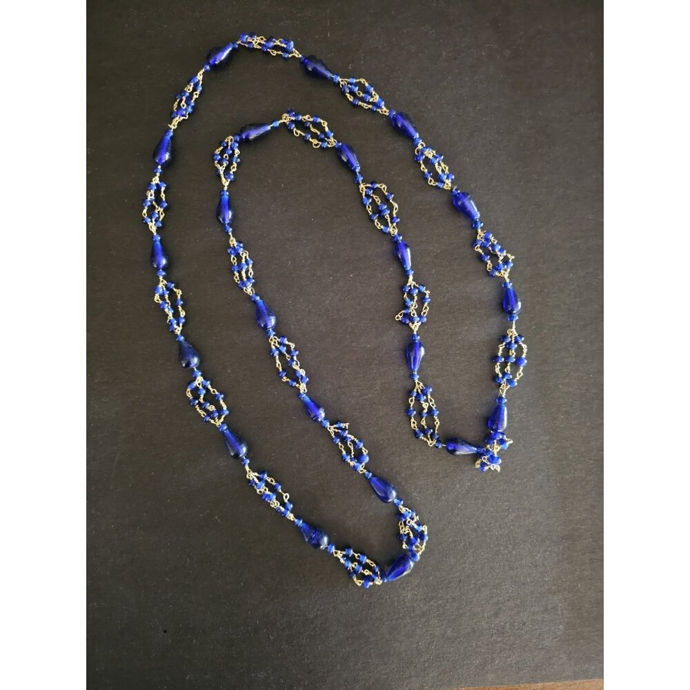 Vintage Necklace Brass blue lapiz Beads Blue - Picture 3 of 4